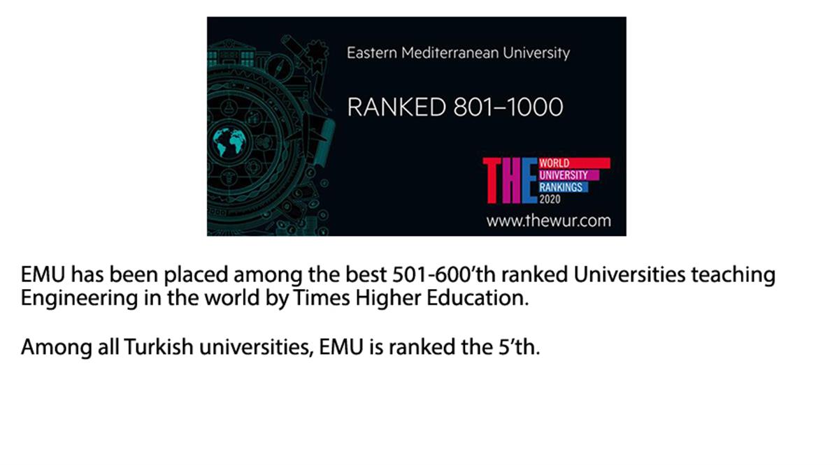 EMU has been placed among the best 501-600’th ranked Universities teaching Engineering in the world by Times Higher Education.